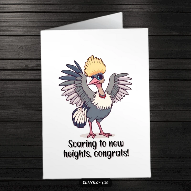 Funny Free Printable Congratulations Card: A cassowary with wings flared, humorously aspiring for flight to celebrate.