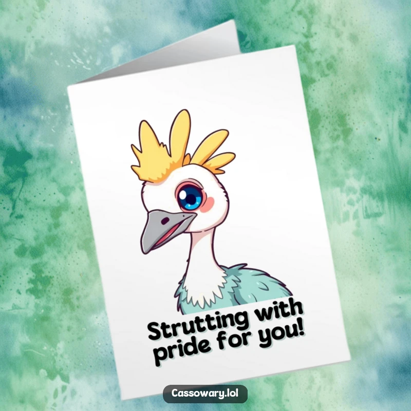Funny Free Printable Congrats Card: A cute cassowary tilts its head, its bright eye full of curiosity.