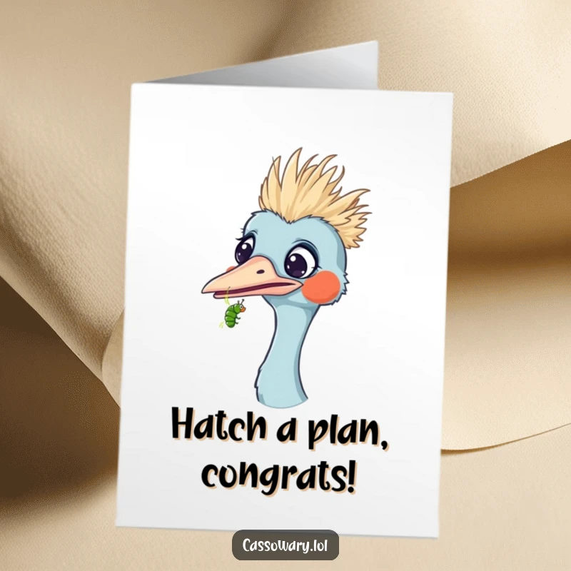 Funny free printable congratulations card shows a cassowary with a surprised expression as a tiny caterpillar crawls on its beak.