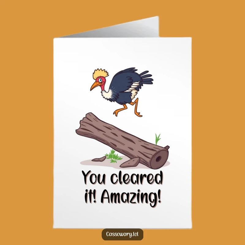 Free Printable Congrats Card: Cassowary Log Leap Success, Funny Downloadable Gift