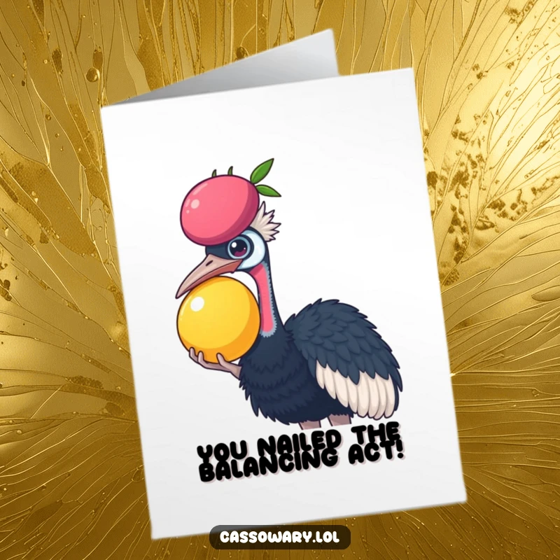 Funny Free Printable Congrats Card: A cassowary successfully balances fruit, celebrating an achievement.