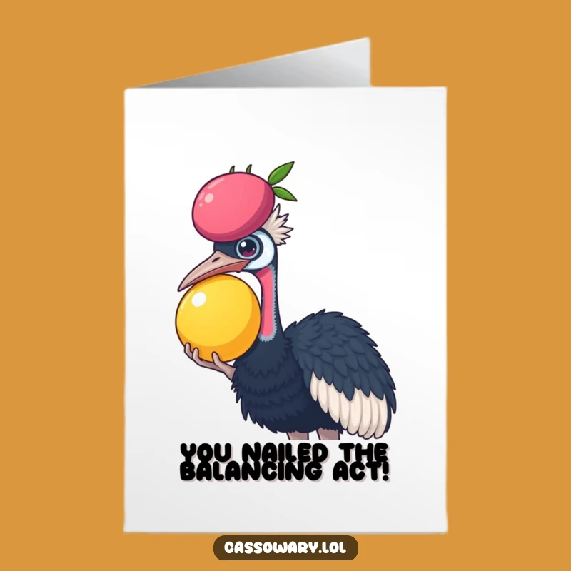 Free Printable Congrats Card: Cassowary Fruit Balance Success, Funny Downloadable Gift