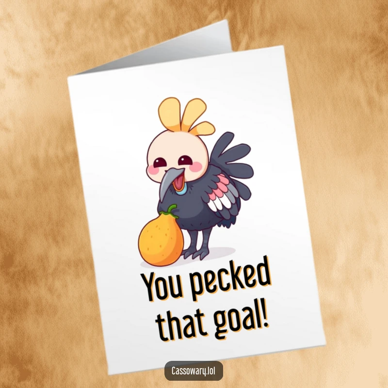 Funny Free Printable Congrats Card: A kawaii cassowary joyfully pecks at a colorful fruit, celebrating your wonderful achievement.