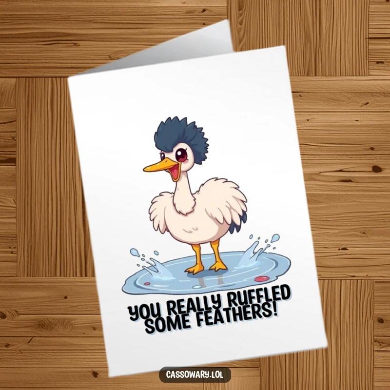 Funny Free Printable Congratulations Card: Delighted Cassowary joyfully splashing in a puddle, celebrating achievements.