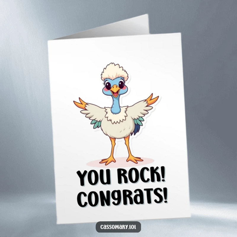 Funny Free Printable Congratulations Card: A cassowary joyfully stands with legs spread wide, celebrating accomplishment.