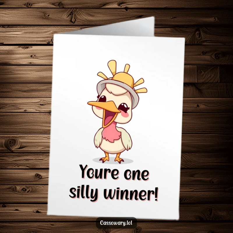 Funny Free Printable Giggling Cassowary Congratulations Card: Bird wearing a silly hat, giggling with celebratory joy.