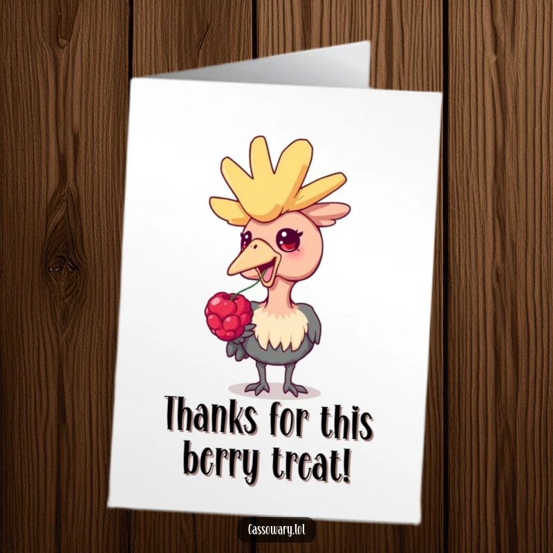 Funny Free Printable Cassowary Thank You Card, a delighted bird with a berry, perfect for a downloadable DIY gift.
