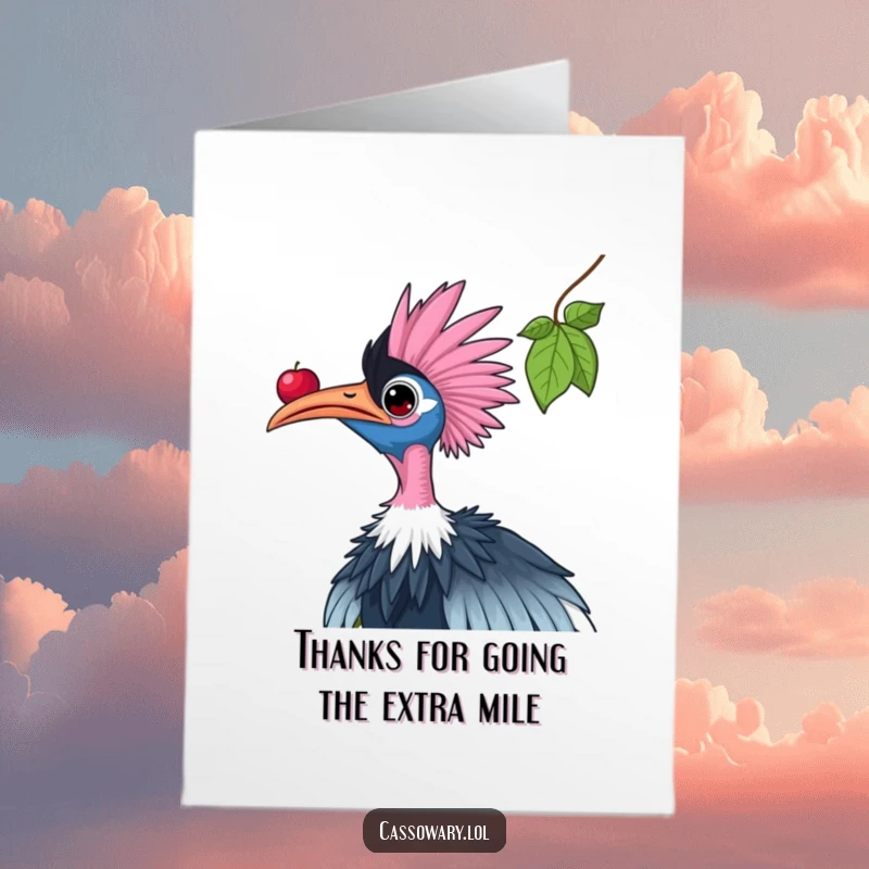 Funny Free Printable Thank You Card: Cassowary stretching tall, determined to reach a delicious berry, a metaphor for effort.