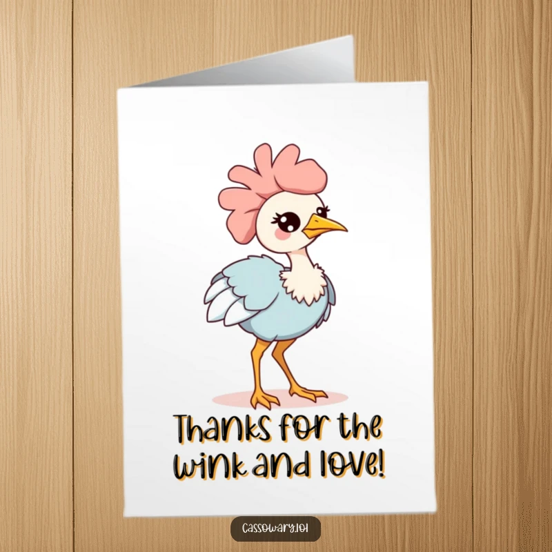 Cute Free Printable Kawaii Cassowary Thank You Card, a winking bird strutting stylishly, perfect for a downloadable DIY gift.