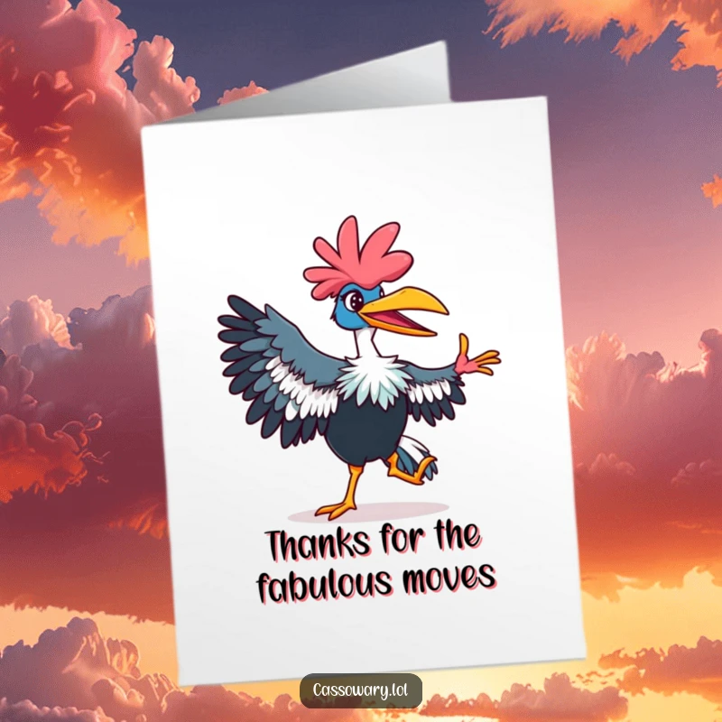 Funny Free Printable Thank You Card: Vibrant cassowary grinning, performing a silly dance move to express thanks.