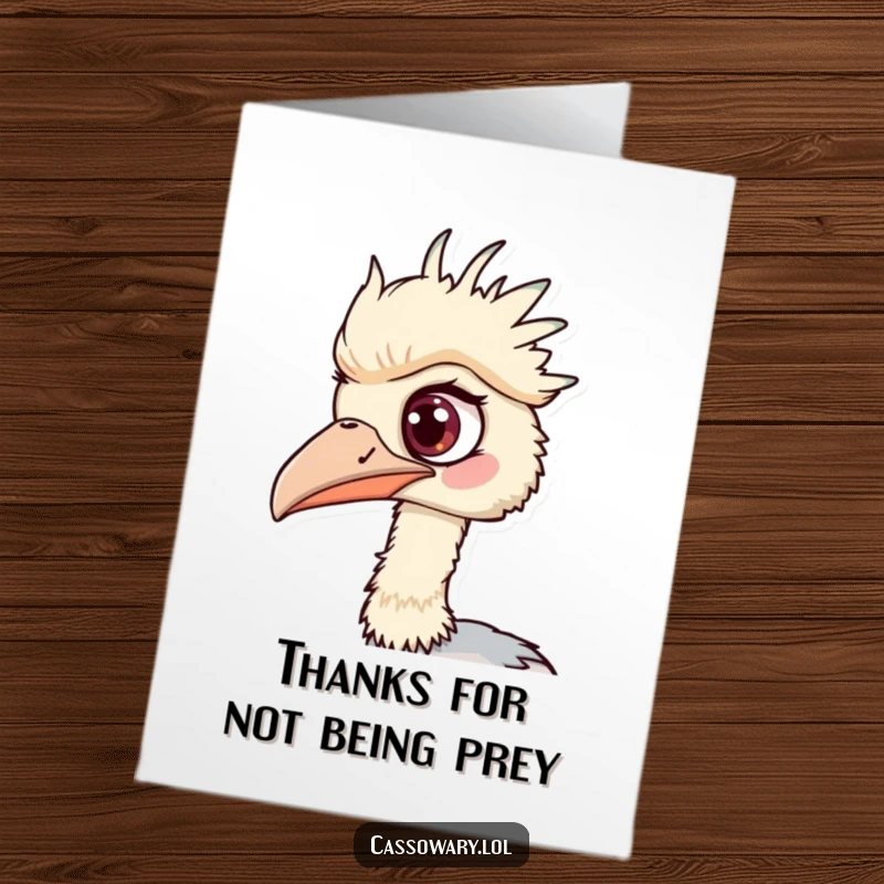 Funny Free Printable Cassowary Thank You Card, one eye wide spotting a delightful surprise, unique DIY.