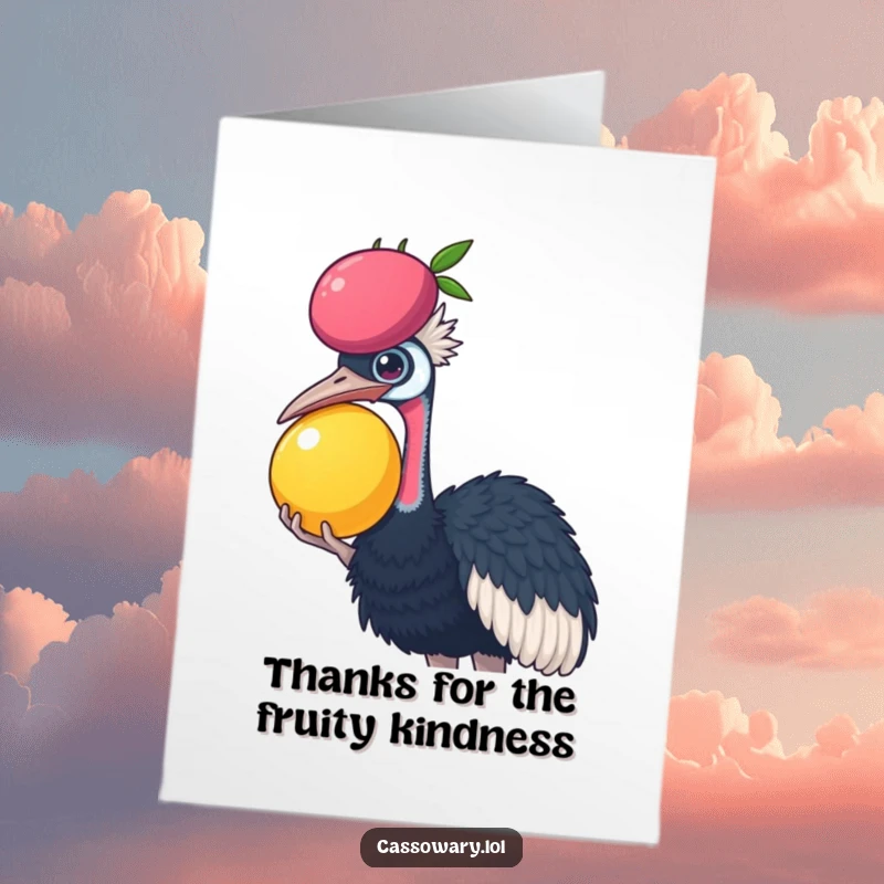 Funny Free Printable Thank You Card: A cassowary balances fruit, symbolizing a sweet thank you.