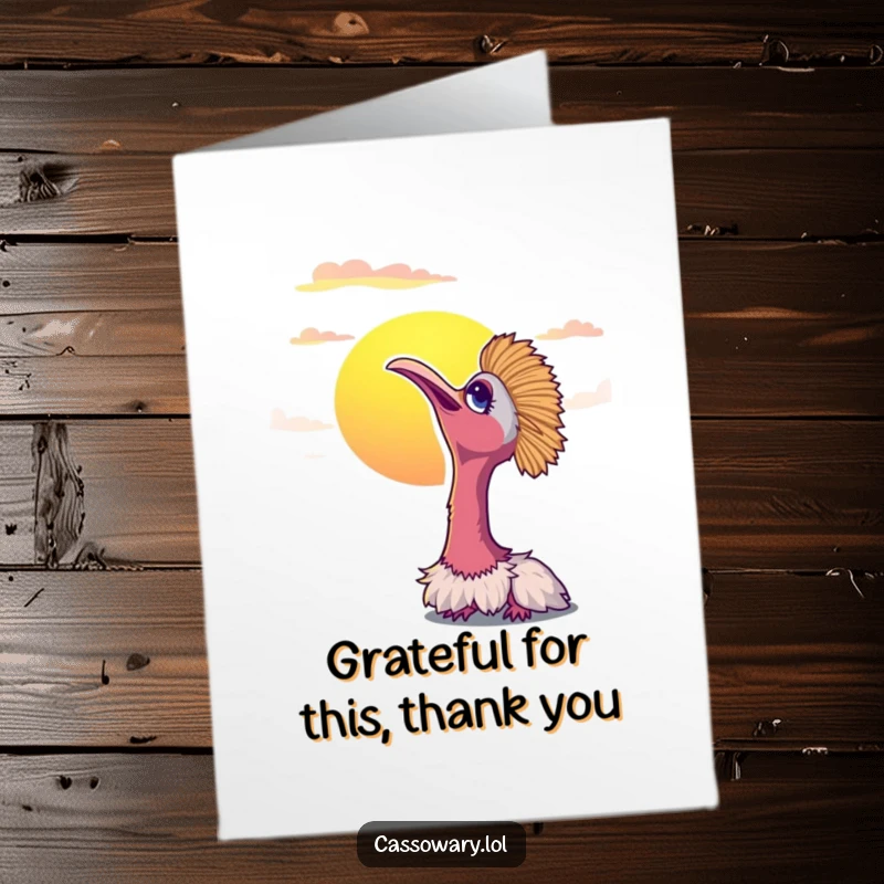Funny Free Printable Thank You Card of a cassowary enjoying a peaceful sunset, conveying serene gratitude.