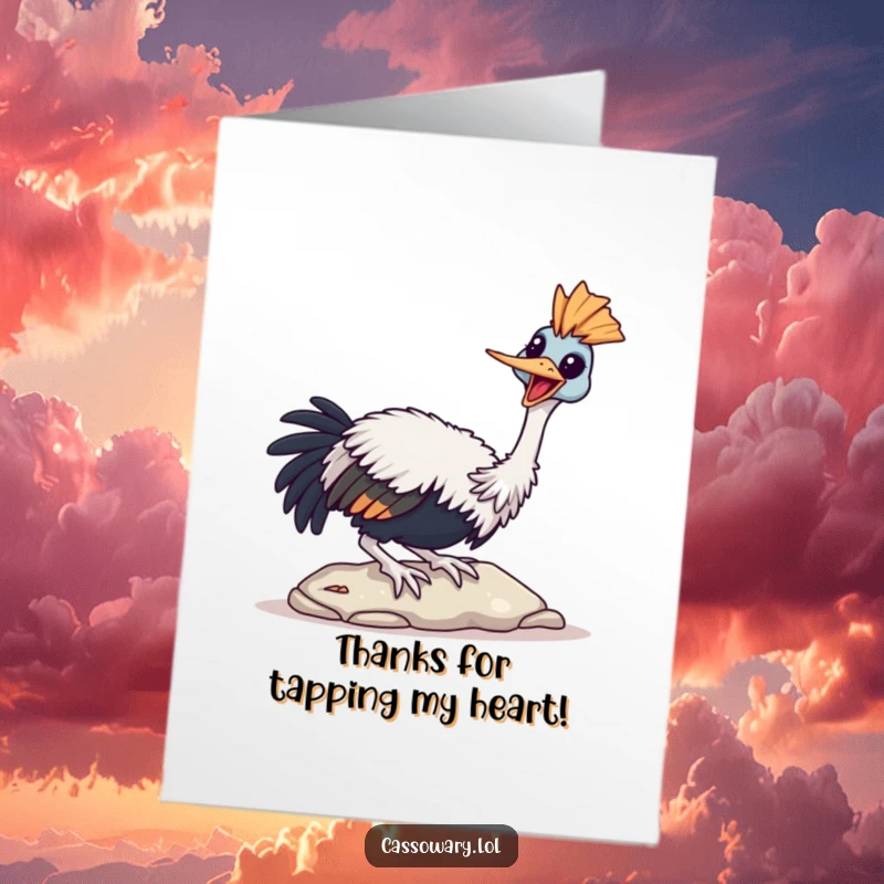 Funny Free Printable Thank You Card: Cassowary Happily Tapping Beak on Stone, Sending Thanks
