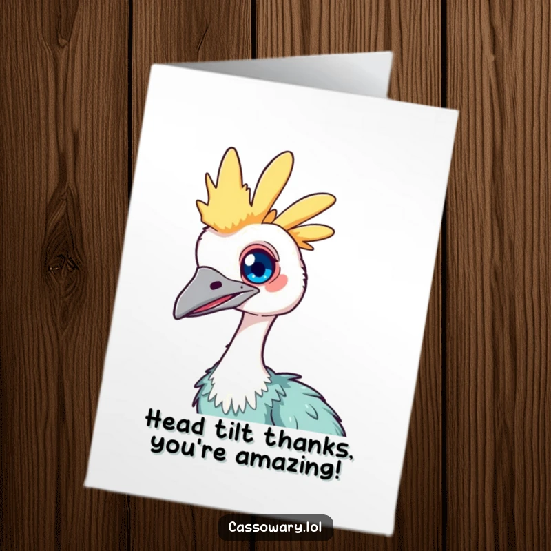 Funny Free Printable Thank You Card: A kawaii cassowary tilts its head quizzically, its bright eye looking directly at you.