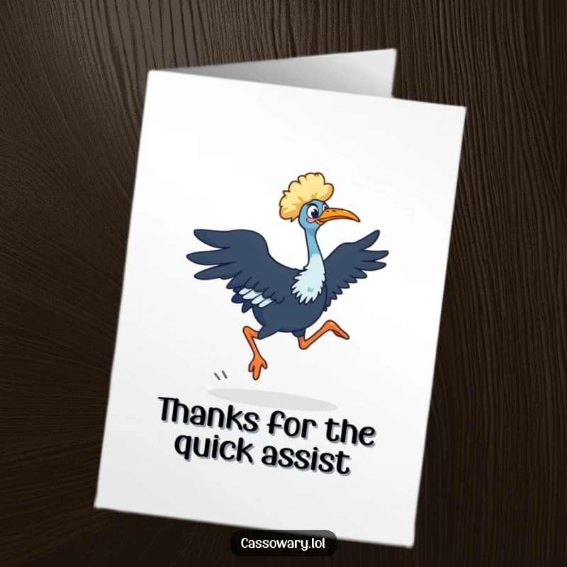 Funny Free Printable Thank You Card of a cassowary doing a surprising, quick dash with its powerful legs.