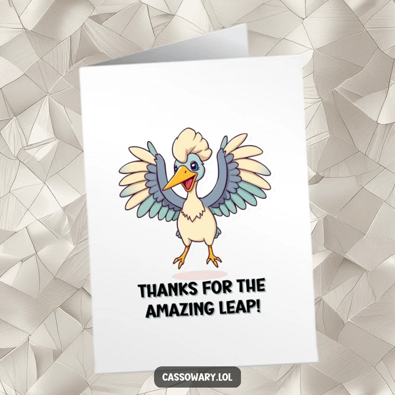 Funny free printable thank you card: Cassowary captured in motion, wings outstretched, mid-leap with power.