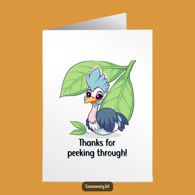 Free Printable Thank You Card: Peeking Cassowary - Funny Leaf Surprise Downloadable Gratitude