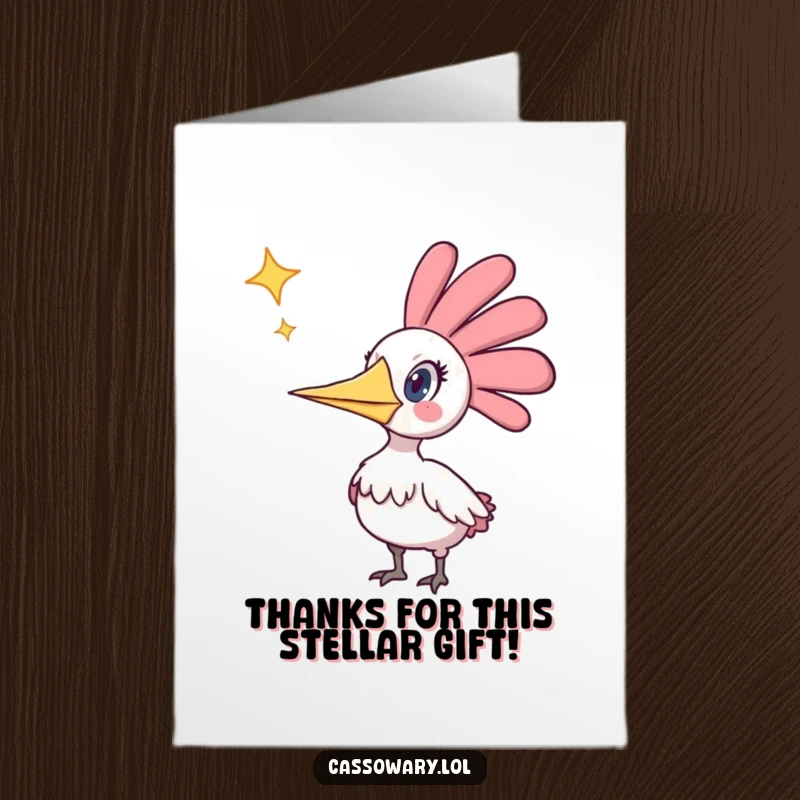 Funny free printable thank you card: Cassowary recoils in astonishment from a shooting star above.