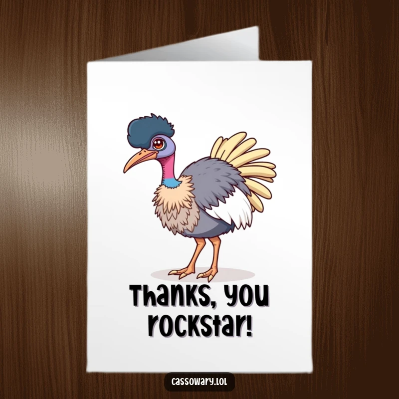 Funny Free Printable Winking Cassowary Thank You Card: Bird winking while strutting, conveying thanks with confidence.