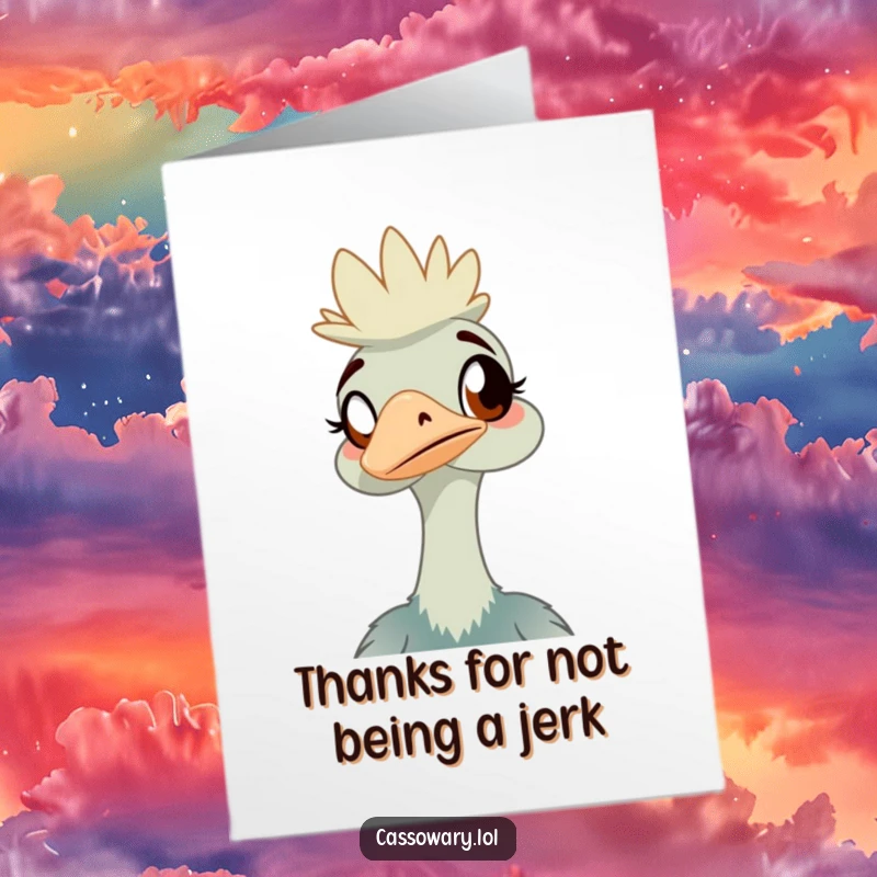 Funny Free Printable Thank You Card: Amused cassowary with a witty expression, perfect for a heartfelt thank you.