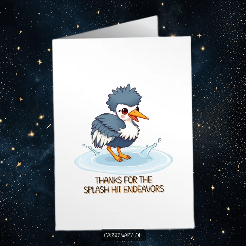 Funny Free Printable Thank You Card: Kawaii cassowary splashing playfully, sending a wet and wonderful thank you for your kindness.