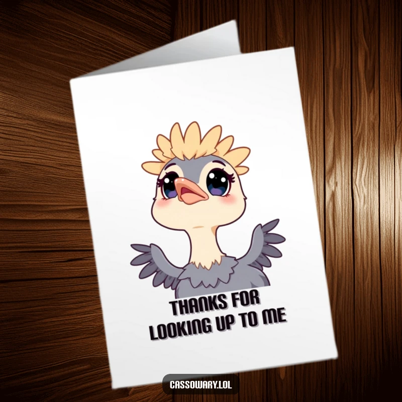 Funny Free Printable Thank You Card: A kawaii cassowary gazes at the sky with wide eyes, expressing wonder and thanks.