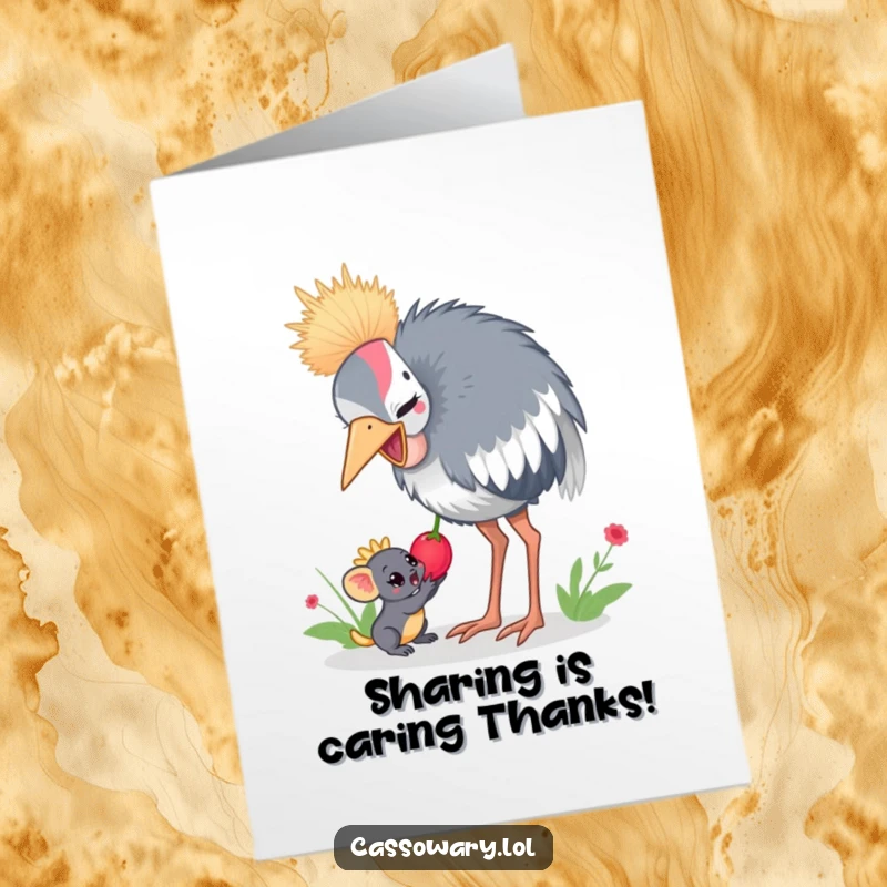 Funny Free Printable Thank You Card: A cassowary sharing a juicy berry with a small jungle creature, a gesture of pure gratitude.