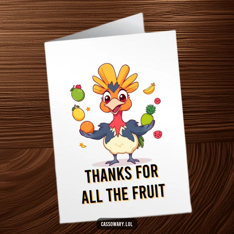 Funny Free Printable Thank You Card: A grinning cassowary juggling colorful fruit, expressing vibrant gratitude.