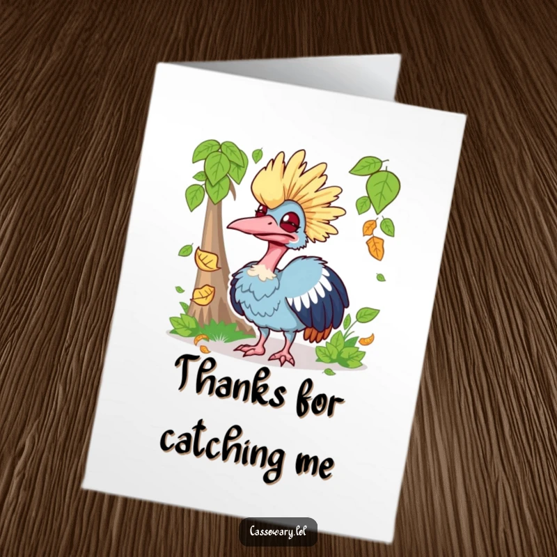 A funny free printable thank you card shows a cassowary making a hilariously silly face while trying to catch a falling leaf.