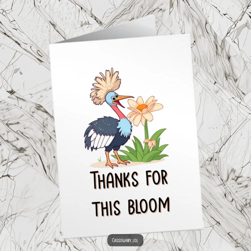 Funny Free Printable Thank You Card: A cassowary looks on with great enthusiasm at a spectacular, giant flower.