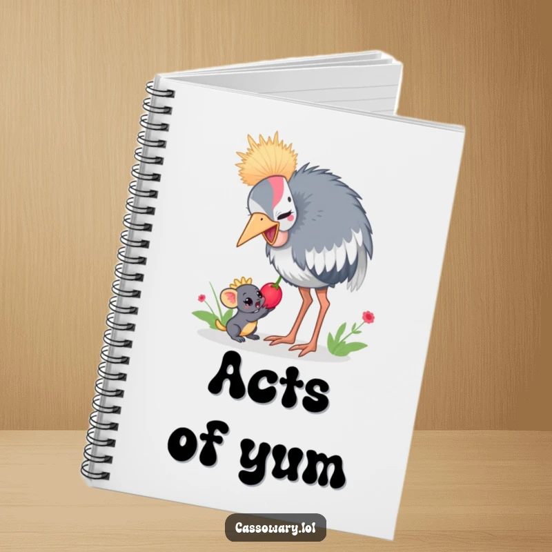 Funny cassowary notebook cover with a cassowary sharing a juicy berry with a small jungle creature, ideal for writing.