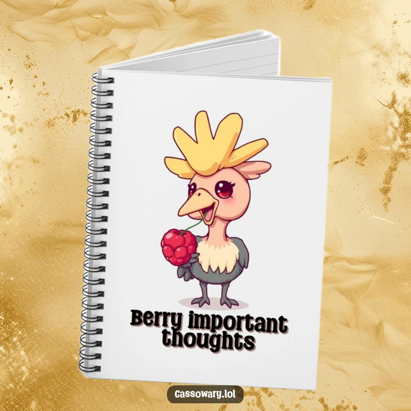 Funny cassowary notebook, a journal cover with a delighted cassowary bird enjoying a berry, perfect for jotting down happy thoughts.