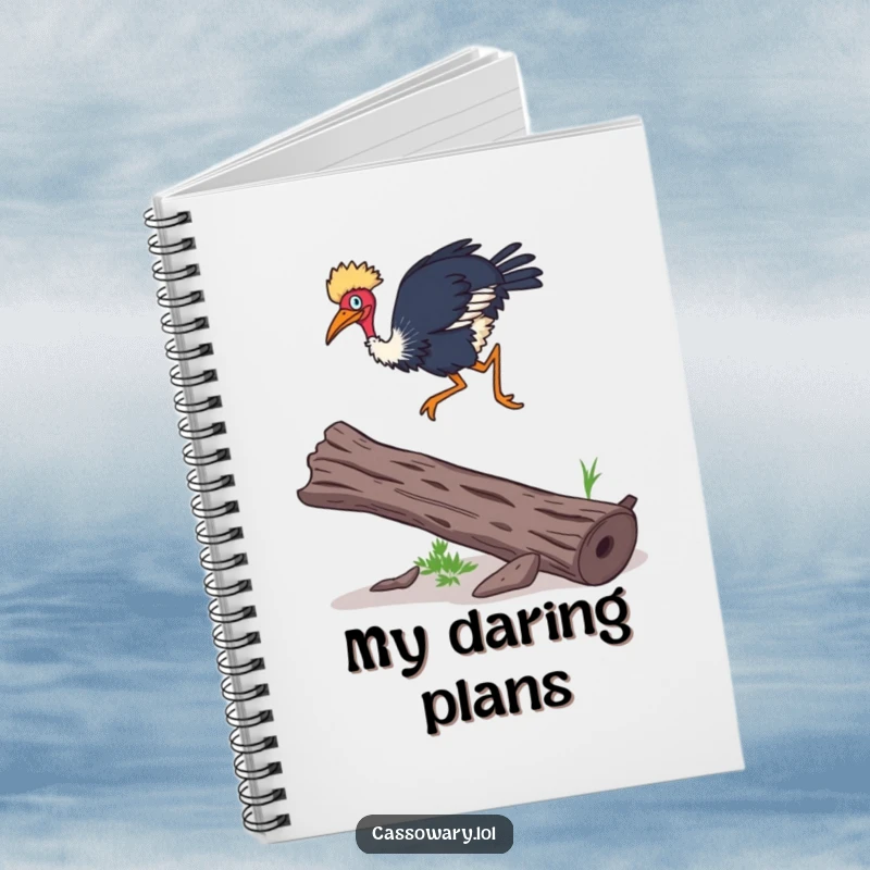 Funny Cassowary notebook featuring a cassowary leaping over a log with surprising agility, ideal for note-taking with a humorous theme.