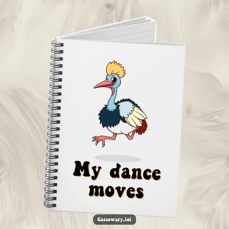 Funny cassowary notebook cover with a cassowary doing a comical little hop with its large feet, ideal for writing.