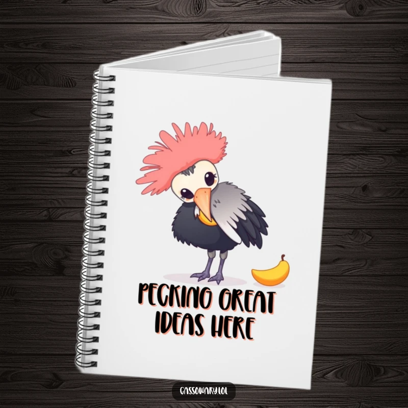 Funny notebook with a cassowary playfully nudging a mango, designed for jotting down ideas with a humorous avian twist.