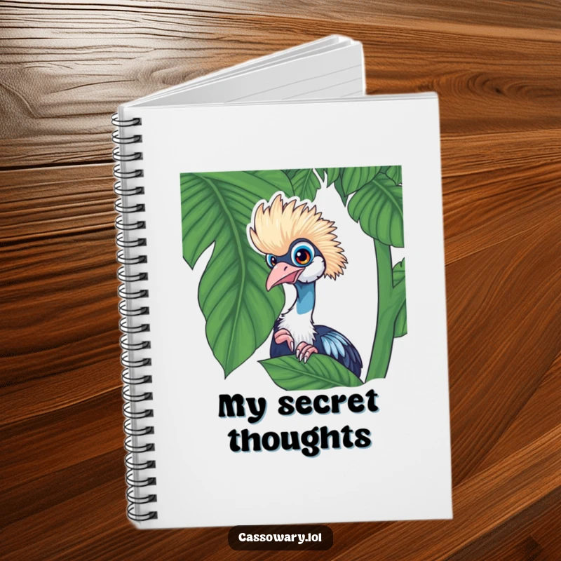 Funny cassowary notebook cover with a playful cassowary peeking from behind a lush tropical leaf, ideal for writing.