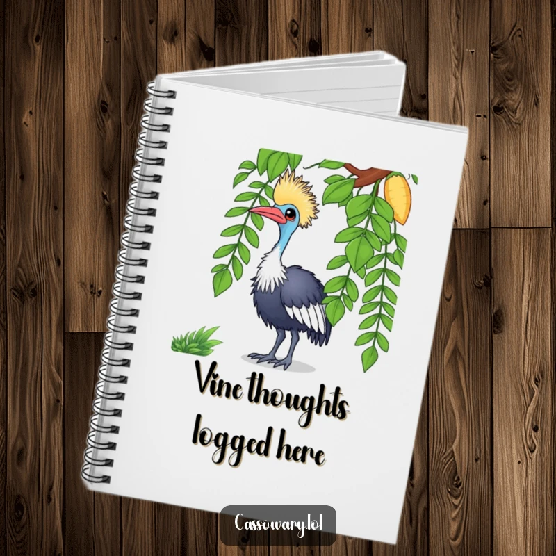 Funny cassowary notebook with a curious bird tilting its head at a vine, great for note-taking and journaling.