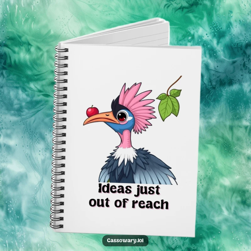 Funny cassowary notebook featuring a bird reaching for a high berry, ideal for jotting down notes and ambitious plans.
