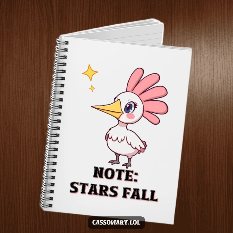 Funny notebook featuring a cassowary with a look of utter shock at a star descending from the night sky, ideal for note-taking with humor.