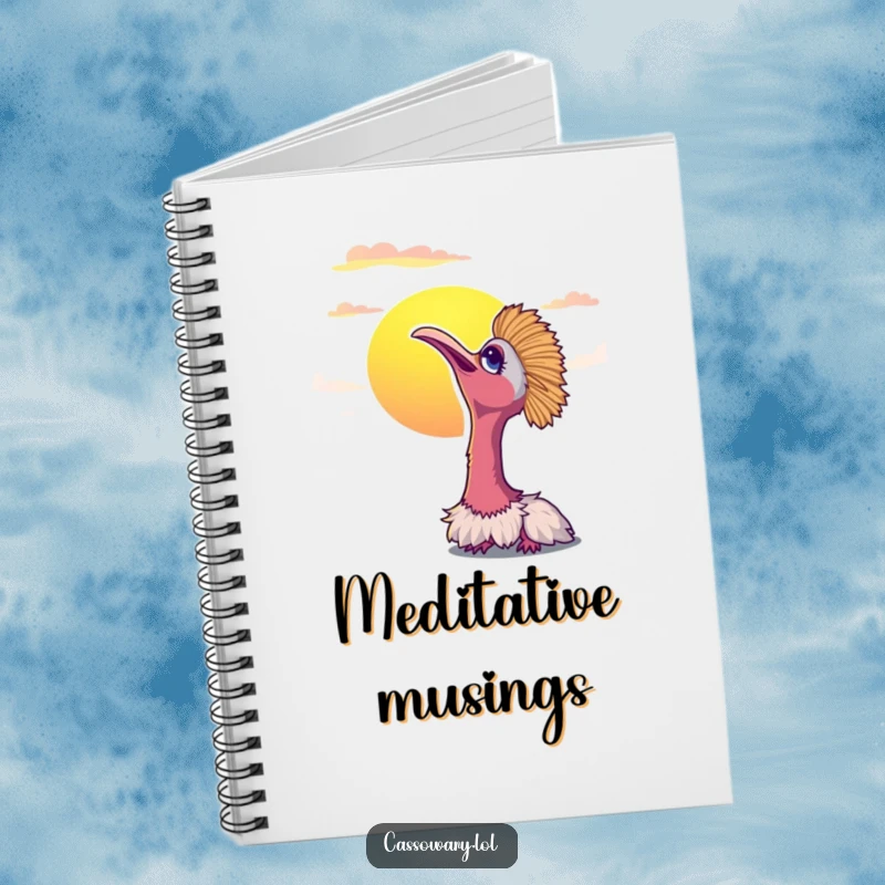 Funny cassowary notebook featuring a bird looking up at a vibrant sunset, ideal for journaling peaceful thoughts.