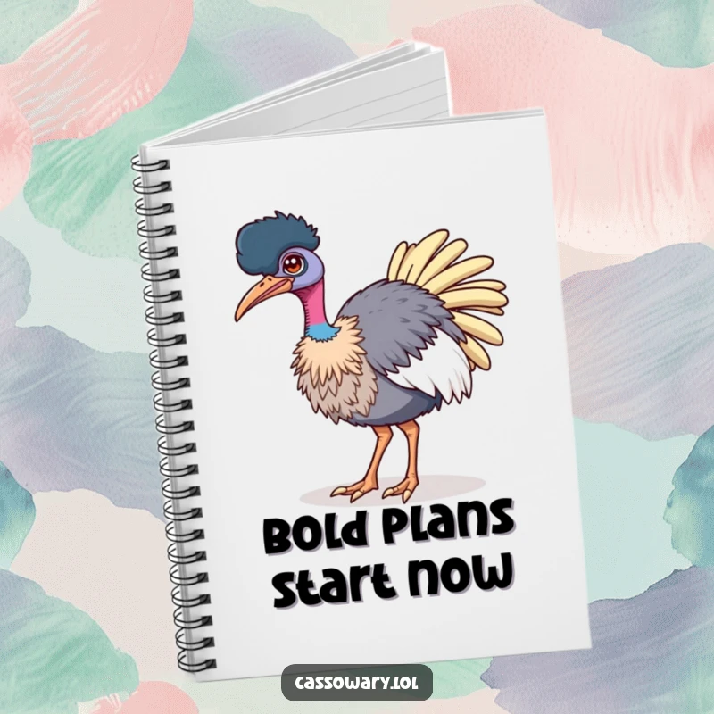 Funny notebook with a cassowary winking confidently while strutting, designed for capturing bold thoughts with charismatic humor.