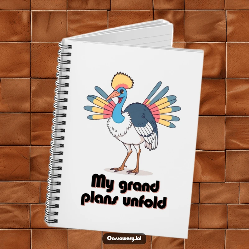 Funny cassowary notebook featuring a bird doing a proud strut with its colorful neck feathers, perfect for jotting down bold ideas.