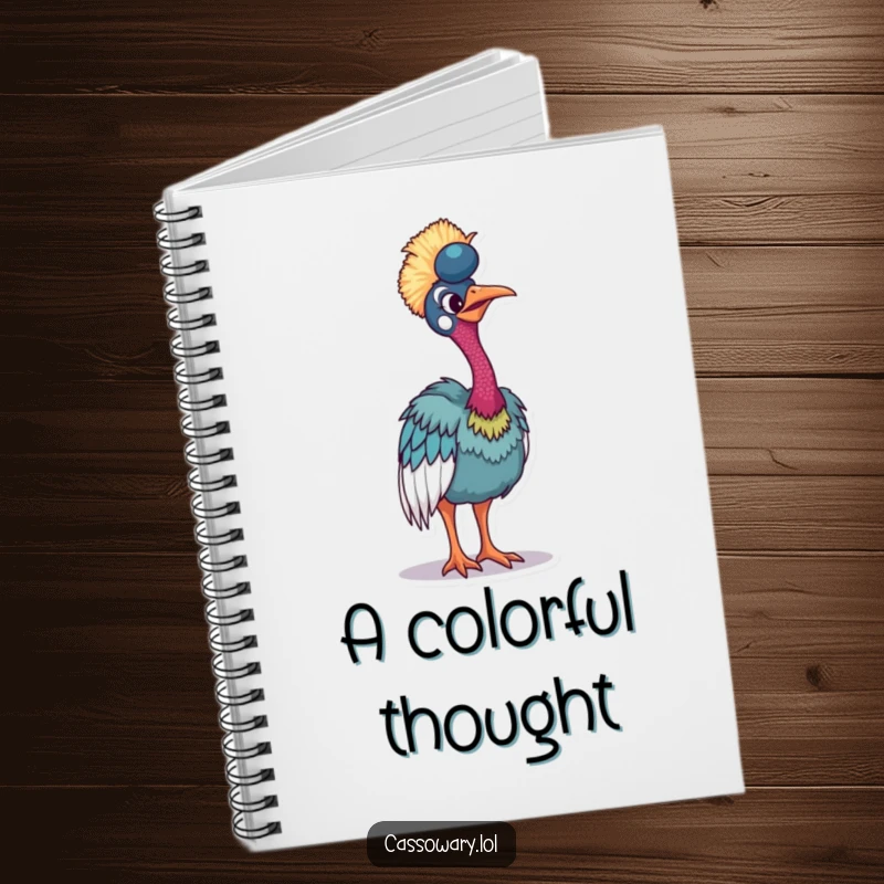 Funny cassowary notebook featuring a bird tilting to showcase vibrant plumage, a humorous prompt for colorful notes.