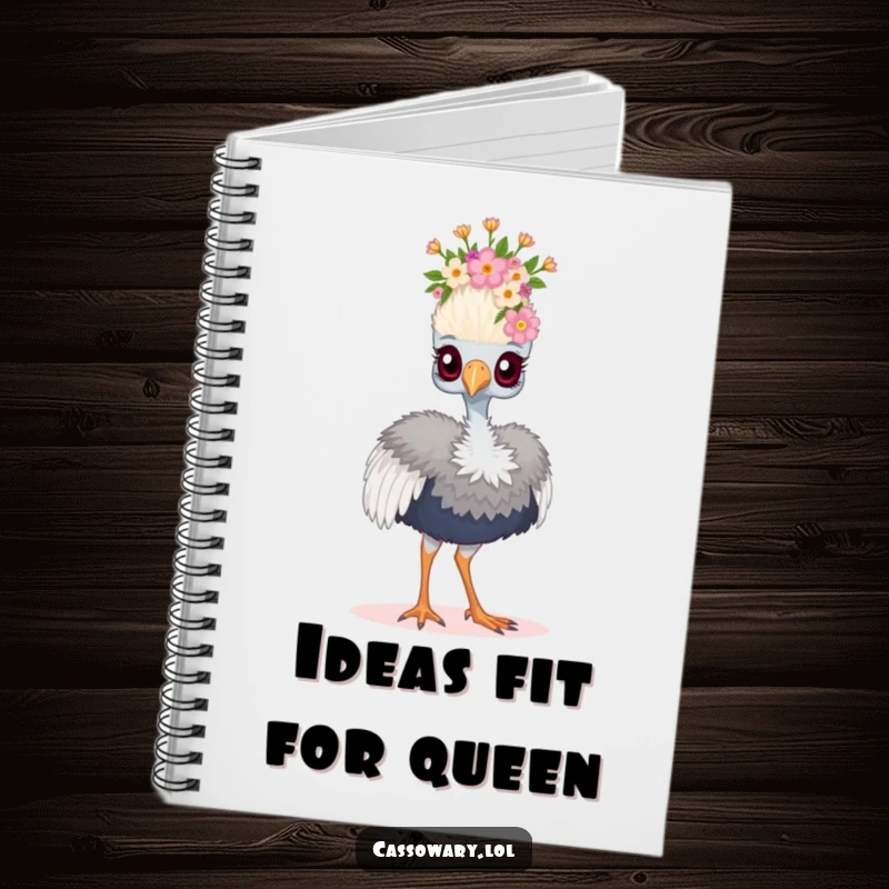 Funny cassowary notebook featuring a bird wearing a floral crown and strutting proudly, a humorous prompt for regal notes.