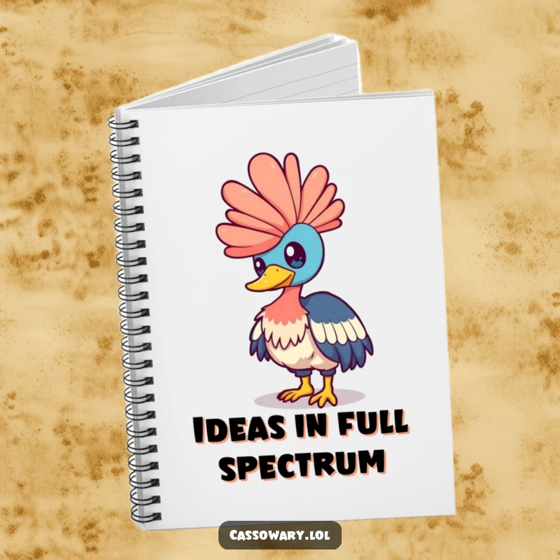 Funny cassowary notebook featuring a bird playfully nudging a shimmering rainbow, perfect for jotting down creative ideas and dreams.