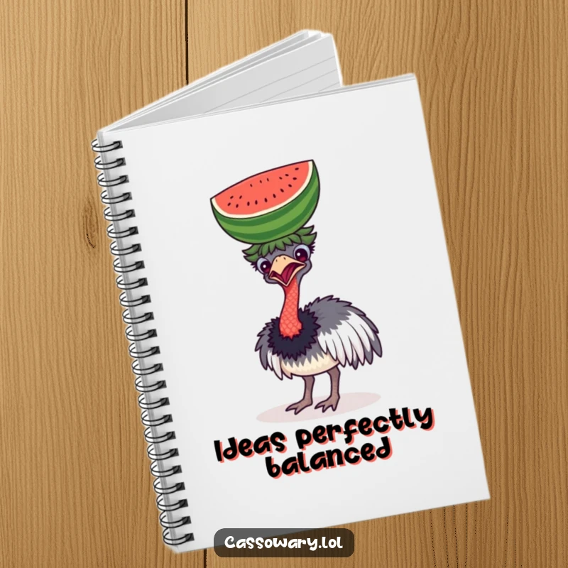 Funny notebook with a cassowary comically balancing a watermelon on its head, great for notes, ideas, and laughter.