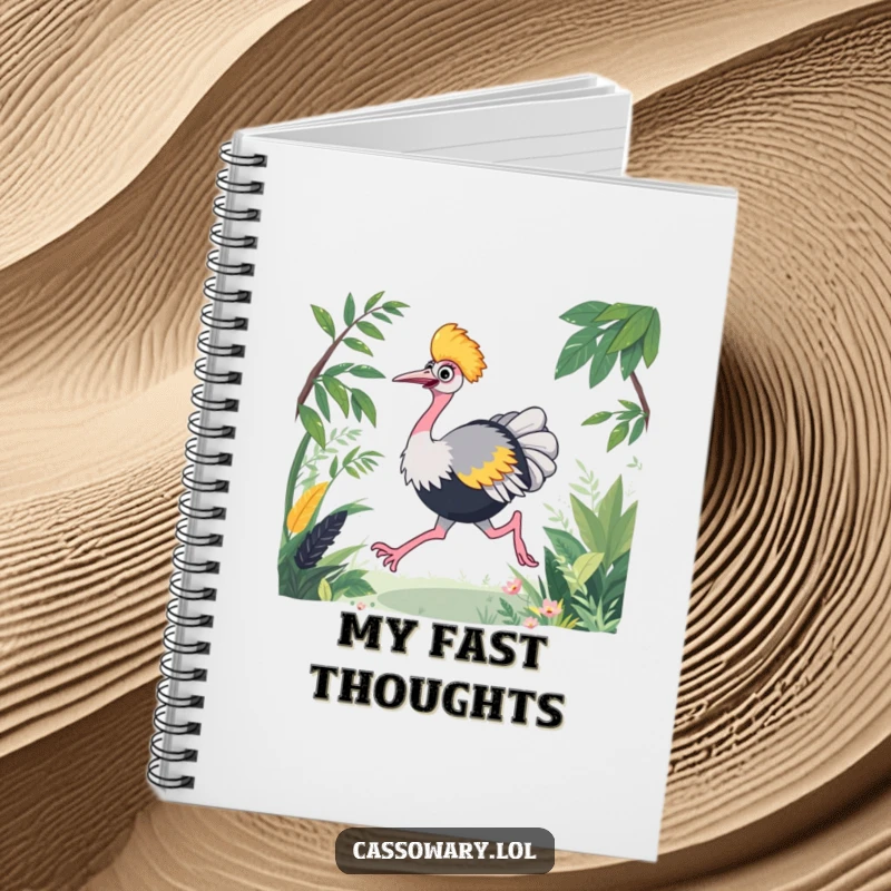 Funny cassowary notebook with an energetic bird racing through lush foliage, great for notes and planning.