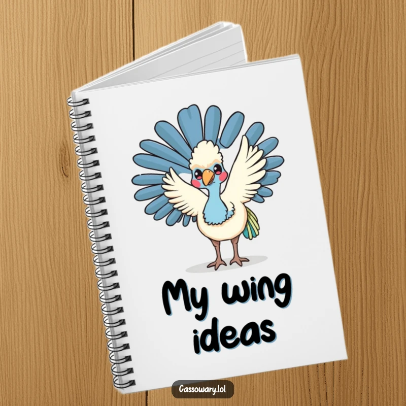 Funny kawaii cassowary notebook featuring a friendly bird waving its wing, perfect for writing notes and messages.