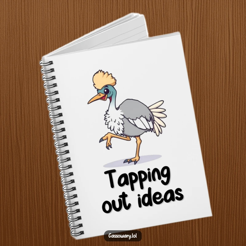 Funny cassowary notebook, a journal cover with an energetic cassowary bird tapping its foot, ideal for jotting down lively ideas.